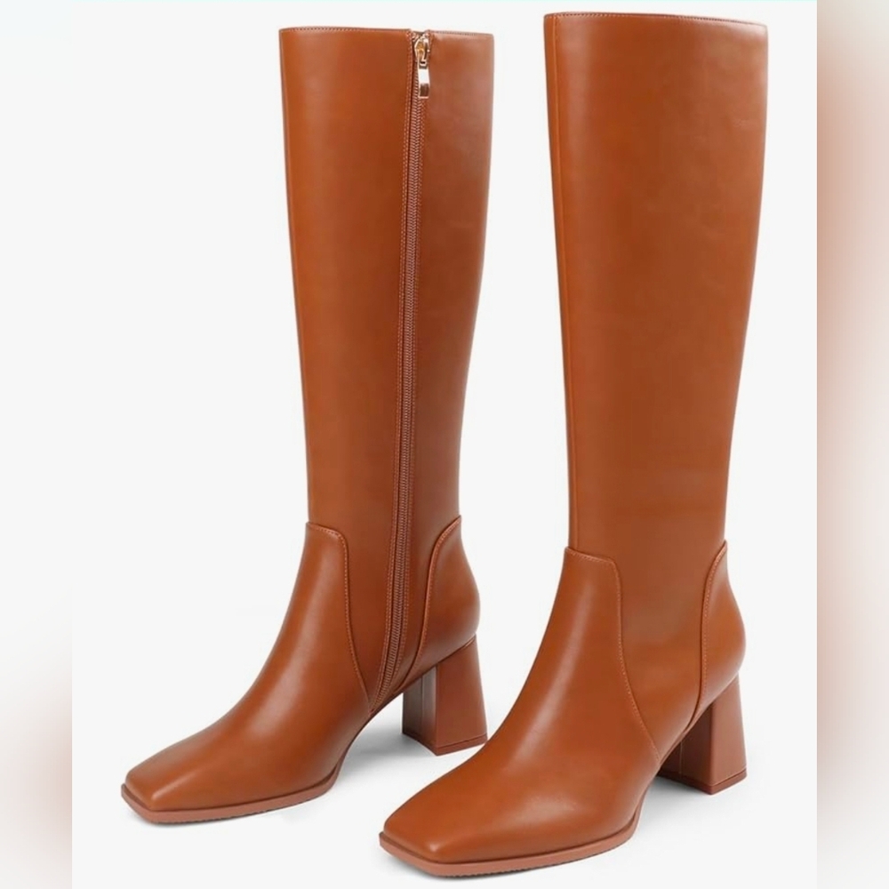JOY IN LOVE Knee High Boots Women Chunky Block Heel Square Toe Zipper Boots